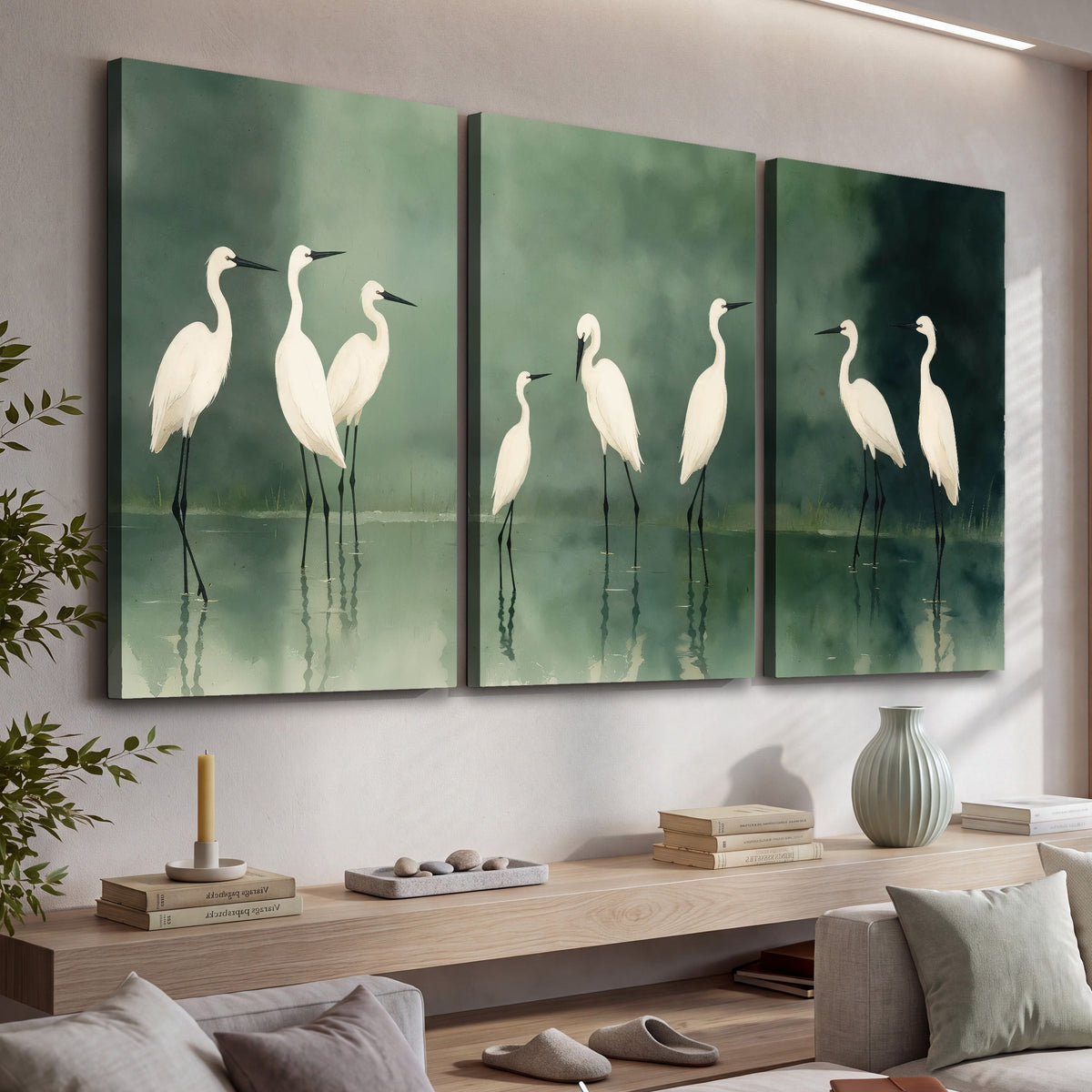 White egrets on green lake painting 3 piece canvas wall art in a living room above a console