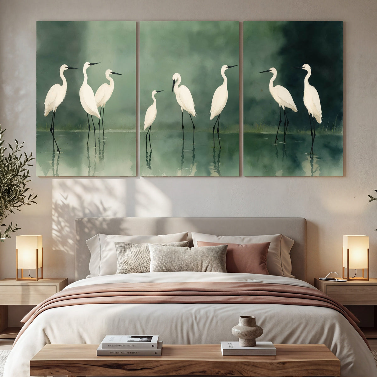 White egrets on green lake painting 3 piece canvas wall art in a bedroom above the bed