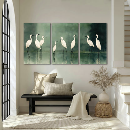 White egrets on green lake painting 3 piece canvas wall art in an entryway above a bench