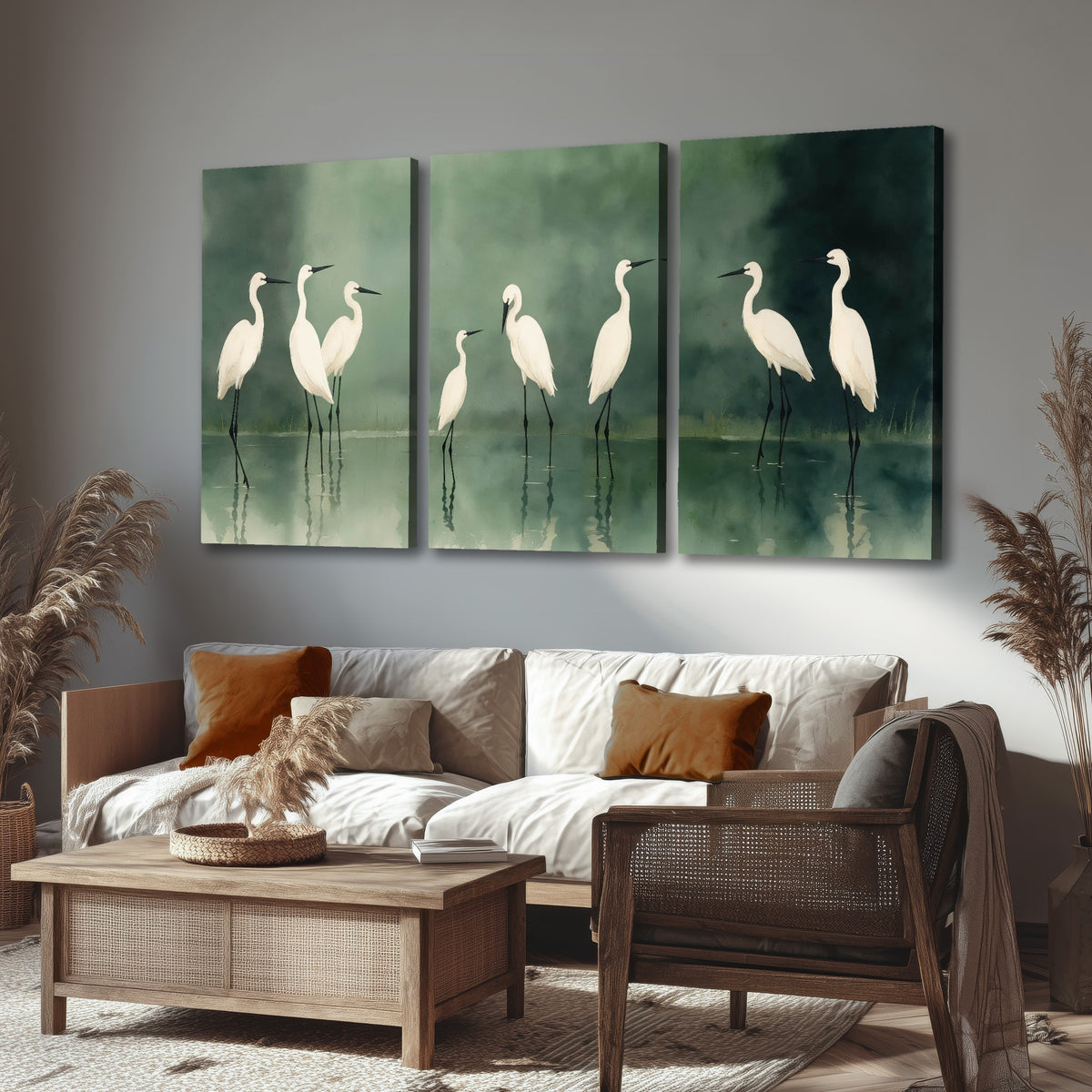 White egrets on green lake painting 3 piece canvas wall art in a rustic living room