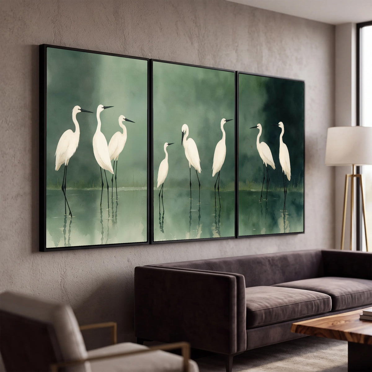 White egrets on green lake painting 3 piece canvas wall art in a modern living room