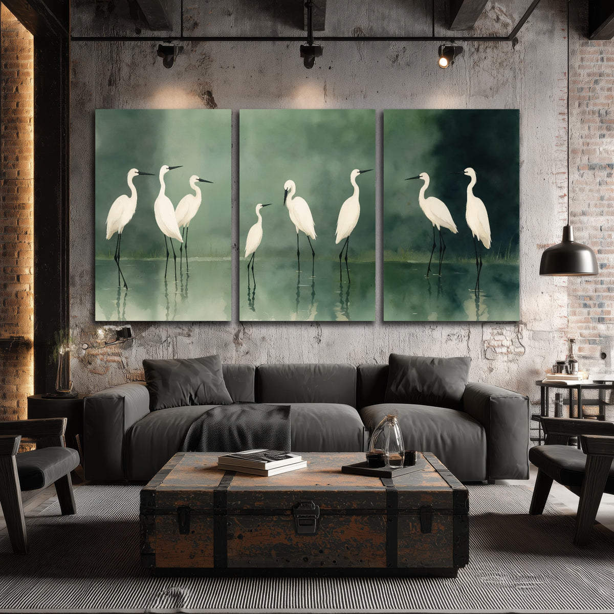 White egrets on green lake painting 3 piece canvas wall art in an industrial loft
