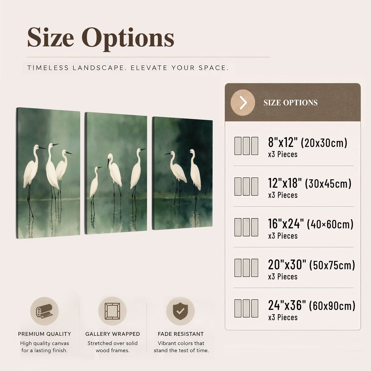 White egrets on green lake painting 3 piece canvas wall art size options