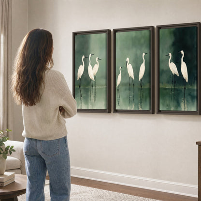 White egrets on green lake painting 3 piece framed canvas in a living room