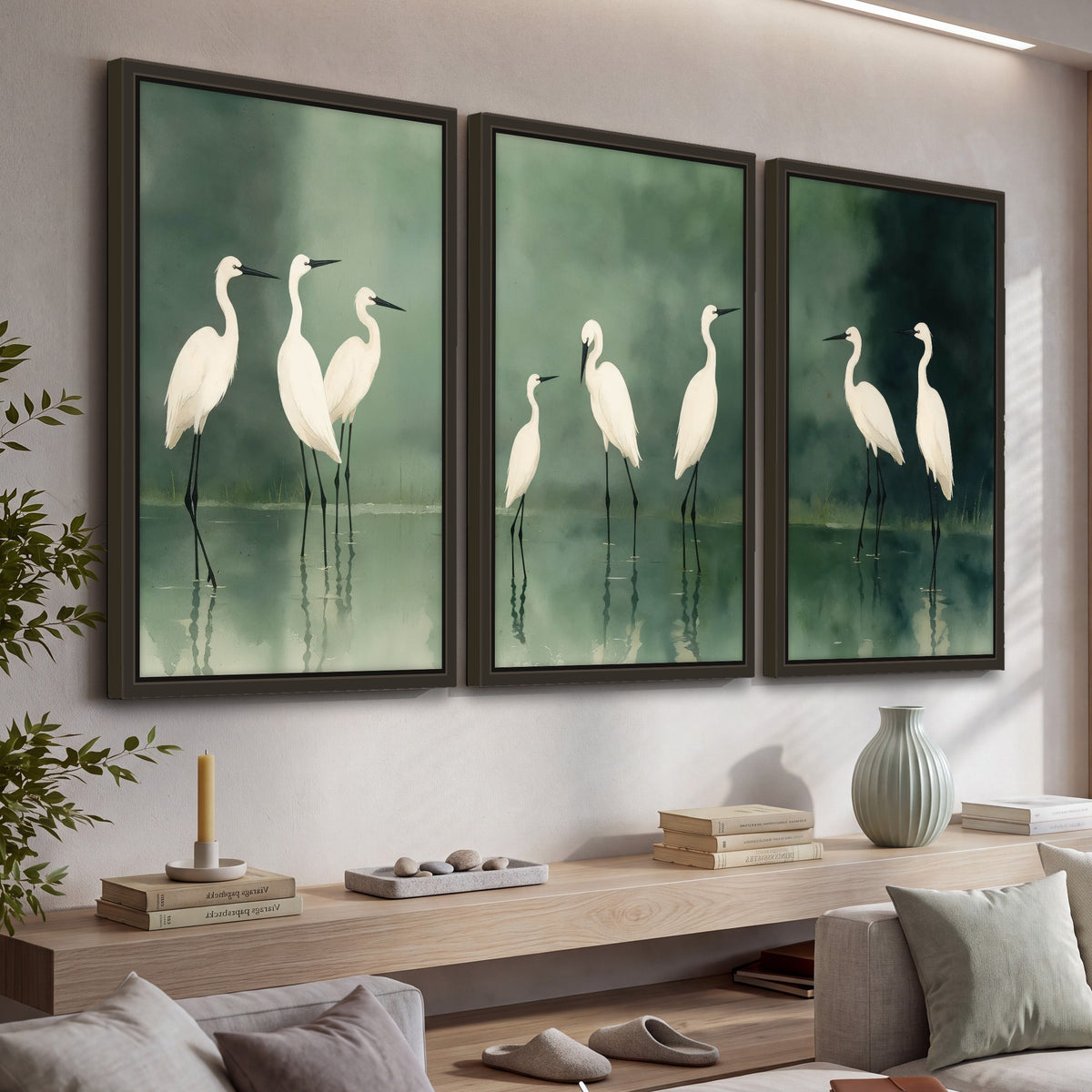 White egrets on green lake painting 3 piece framed canvas in a living room above a console