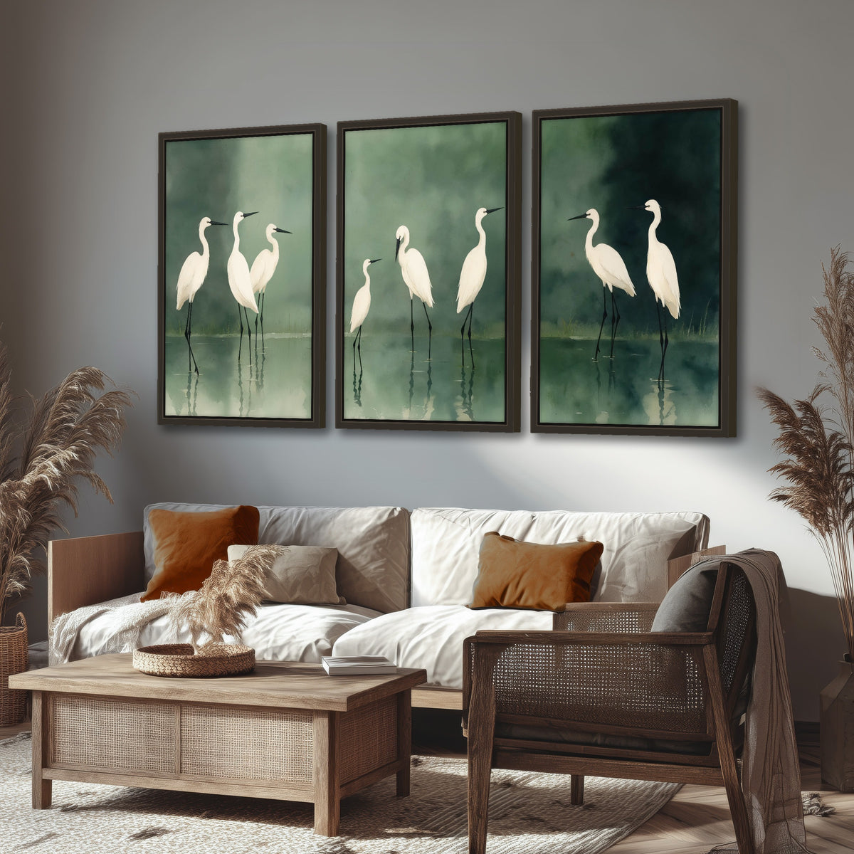 White egrets on green lake painting 3 piece framed canvas in a rustic living room