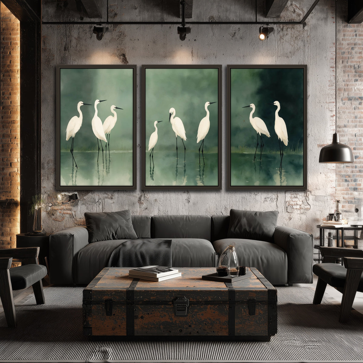 White egrets on green lake painting 3 piece framed canvas in an industrial loft