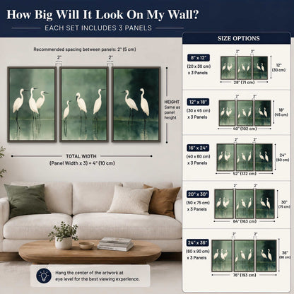 White egrets on green lake painting 3 piece framed canvas size guide above a sofa