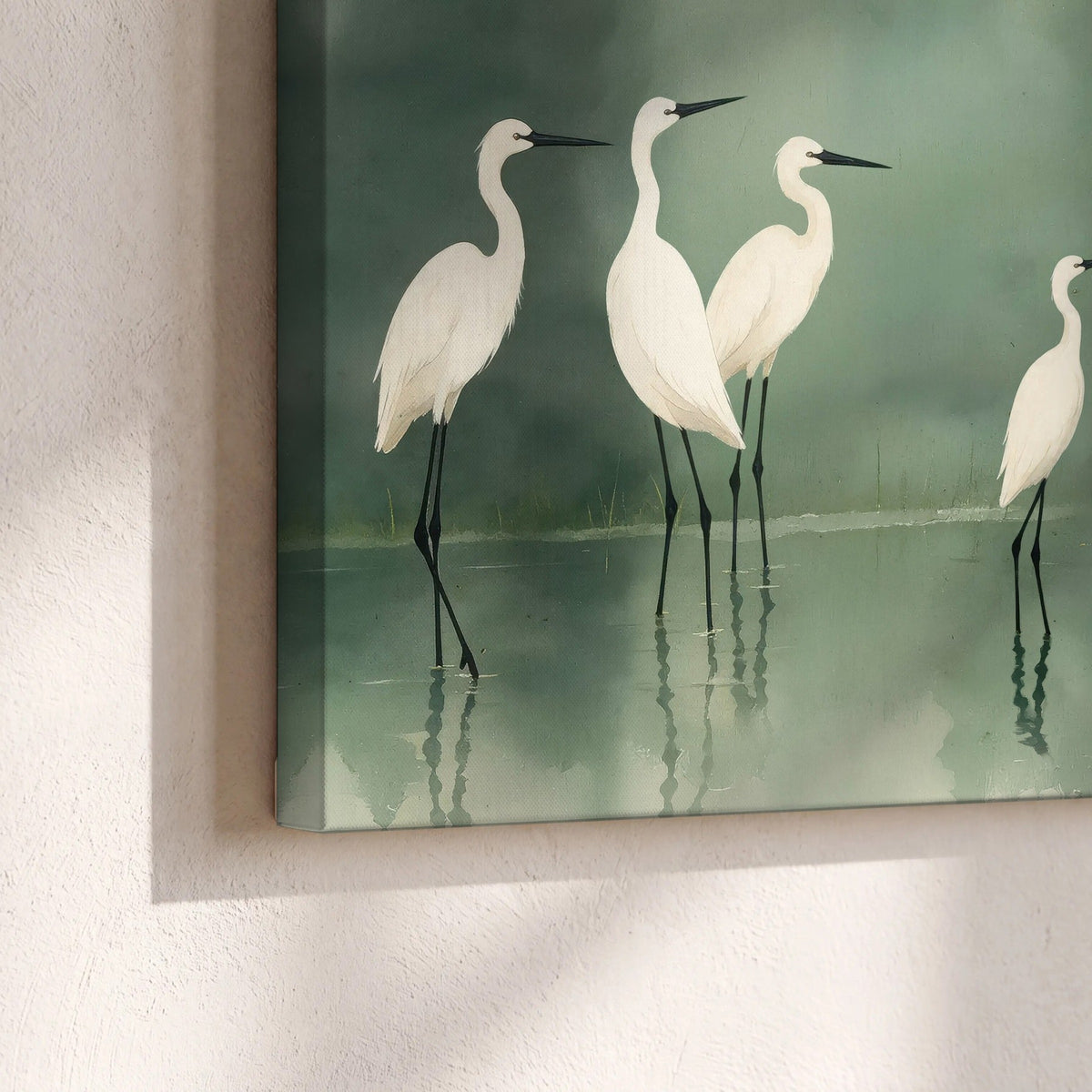White egrets on green lake painting canvas print close-up showing the gallery-wrapped edge