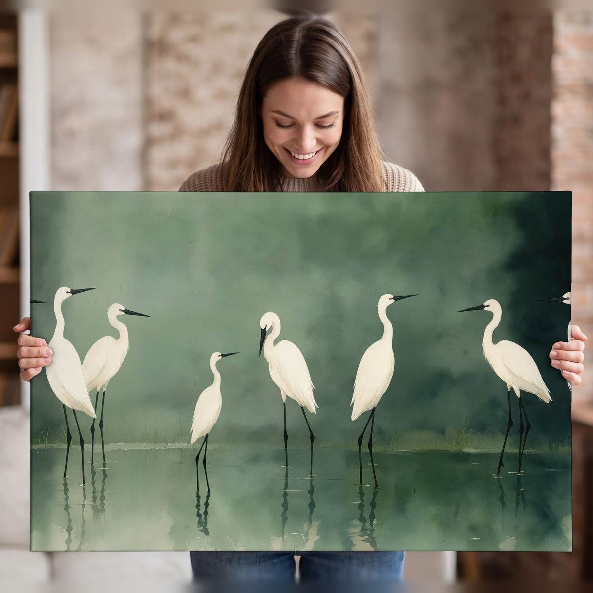 White egrets on green lake painting canvas wall art held in hands
