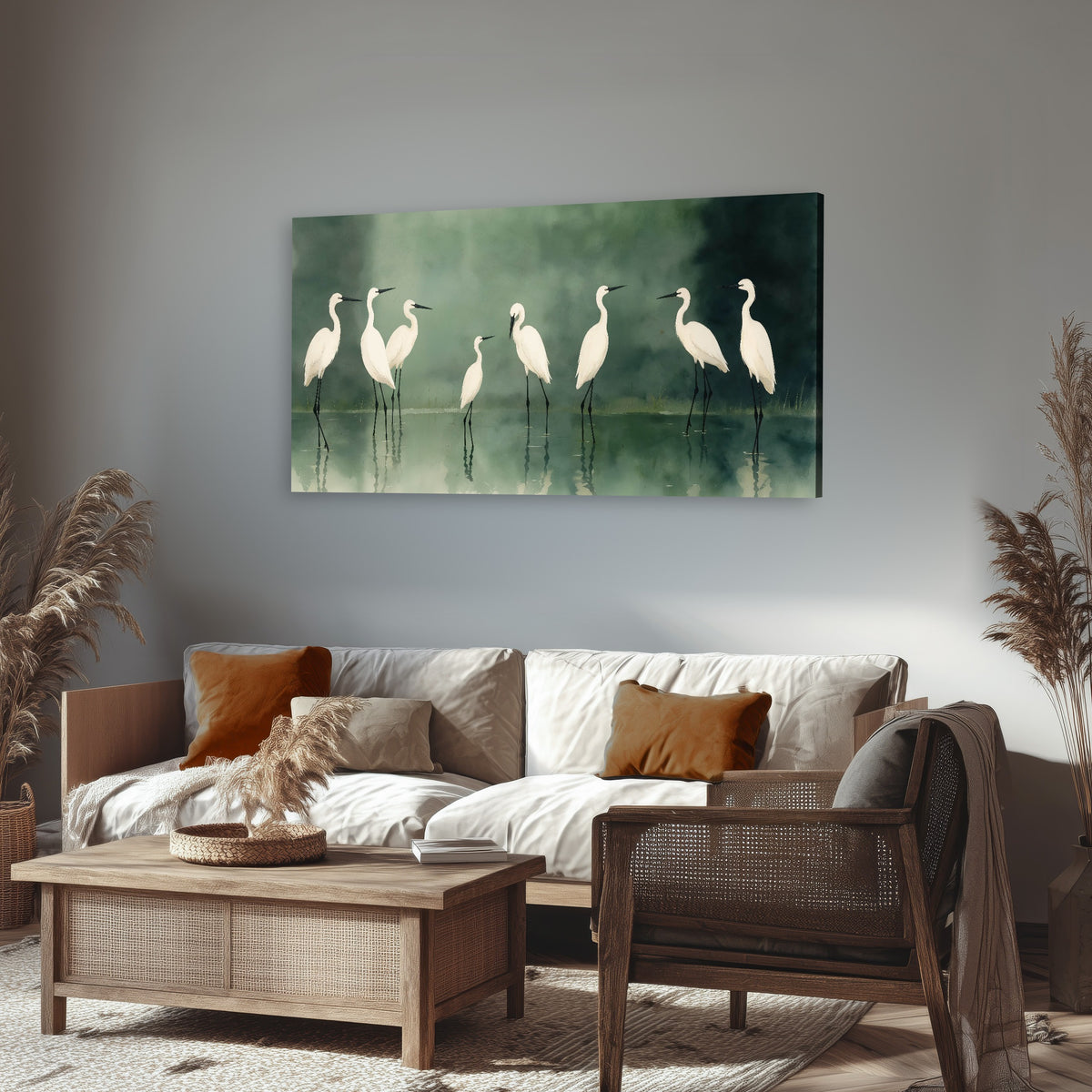 White egrets on green lake painting canvas wall art in a rustic living room