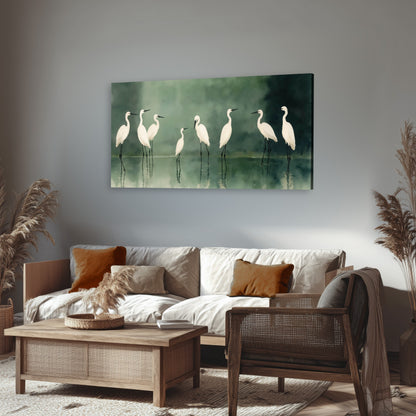 White egrets on green lake painting canvas wall art in a rustic living room