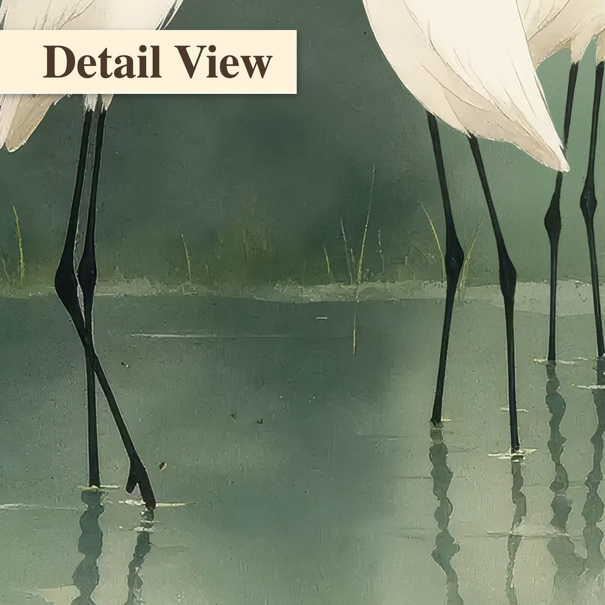 White egrets on green lake painting detail close-up
