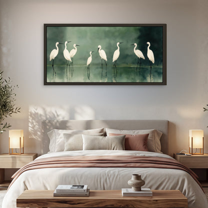 White egrets on green lake painting framed canvas wall art in a bedroom above the bed