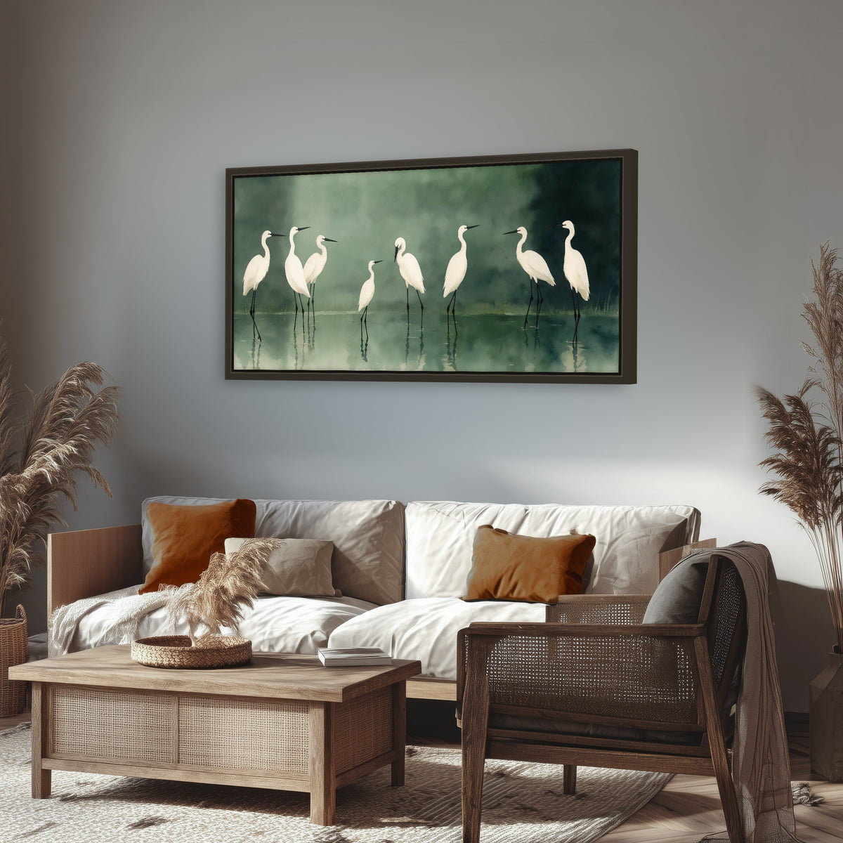 White egrets on green lake painting framed canvas wall art in a rustic living room