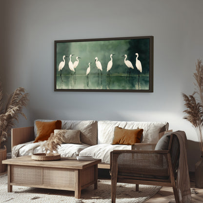White egrets on green lake painting framed canvas wall art in a rustic living room