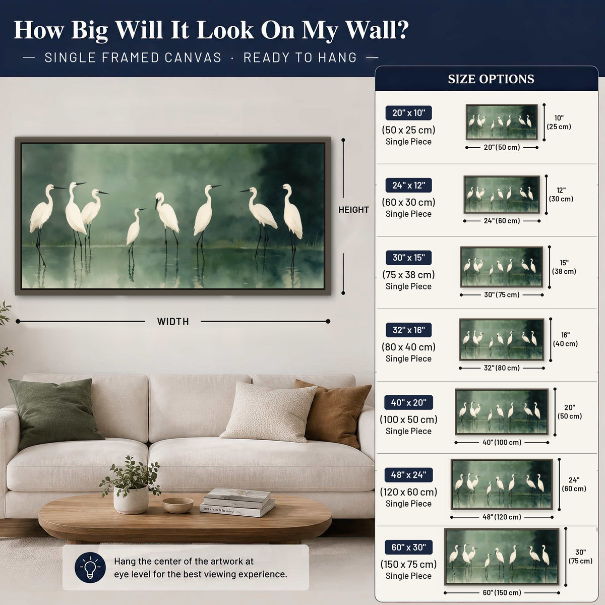 White egrets on green lake painting framed canvas wall art size guide above a sofa