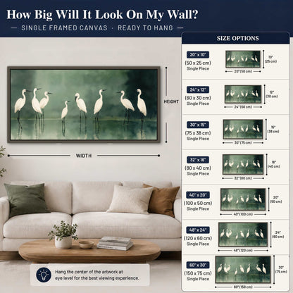 White egrets on green lake painting framed canvas wall art size guide above a sofa