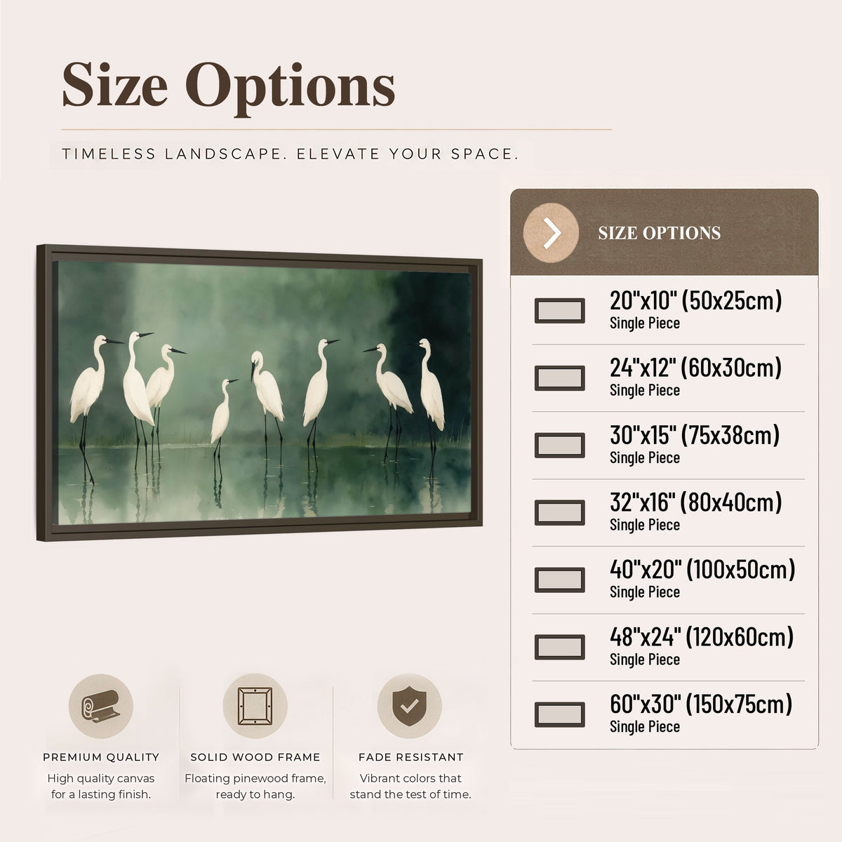 White egrets on green lake painting framed canvas wall art size options