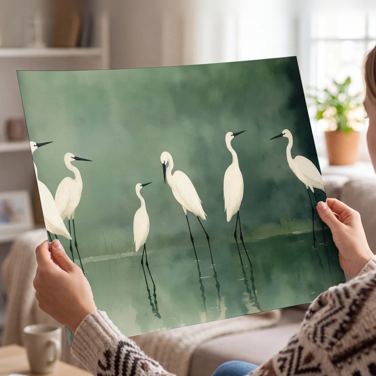 White egrets on green lake painting poster print held in hands