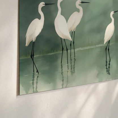 White egrets on green lake painting poster print close-up on matte paper