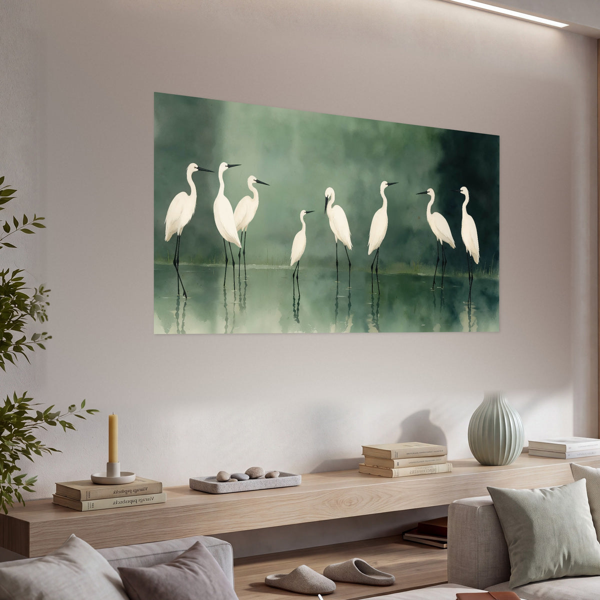 White egrets on green lake painting poster print in a living room above a console