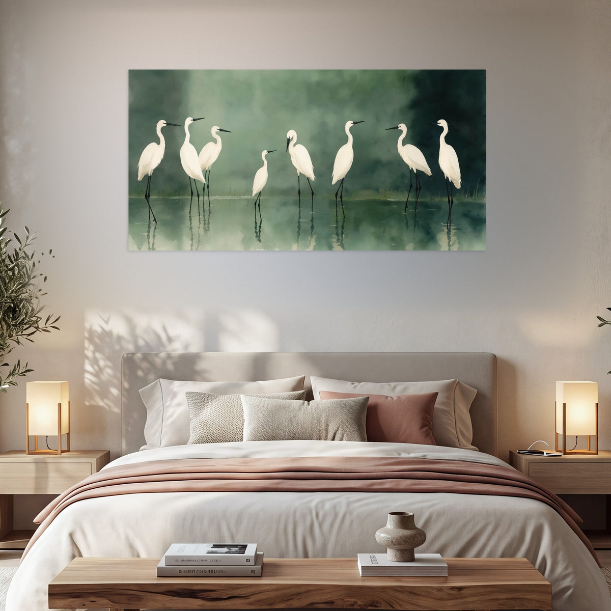 White egrets on green lake painting poster print in a bedroom above the bed