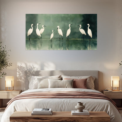 White egrets on green lake painting poster print in a bedroom above the bed