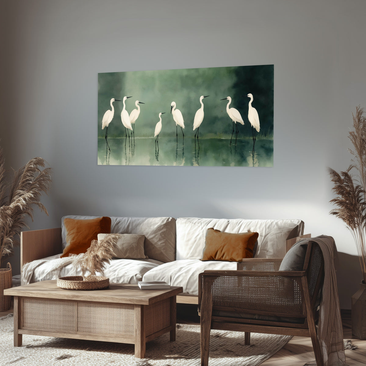 White egrets on green lake painting poster print in a rustic living room