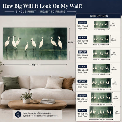 White egrets on green lake painting poster print size guide above a sofa