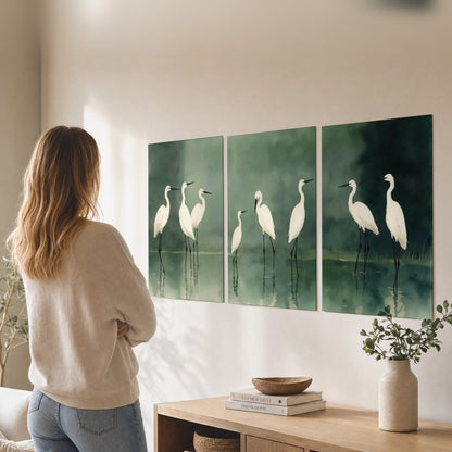 White egrets on green lake painting set of 3 poster prints in a living room