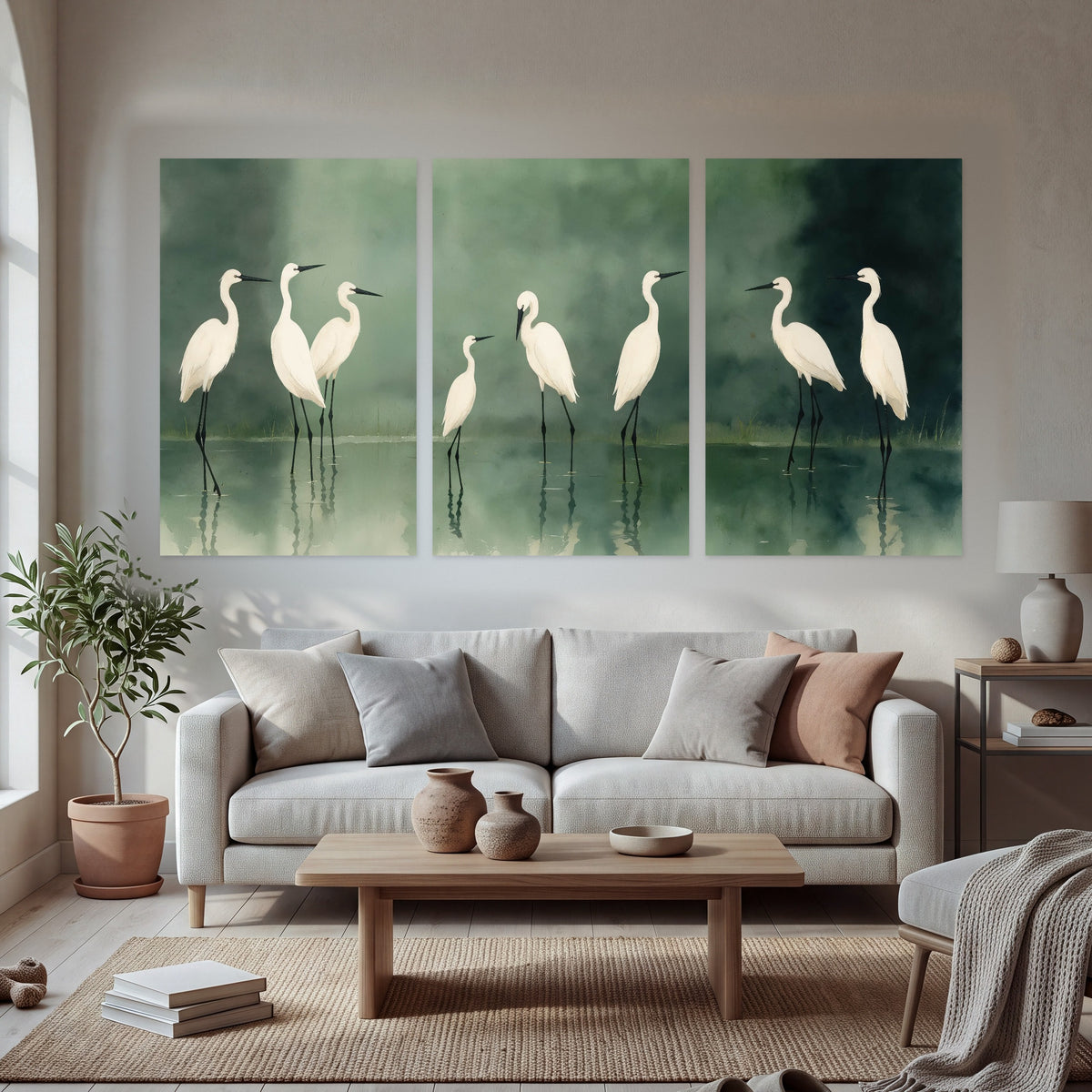 White egrets on green lake painting set of 3 poster prints in a bright living room