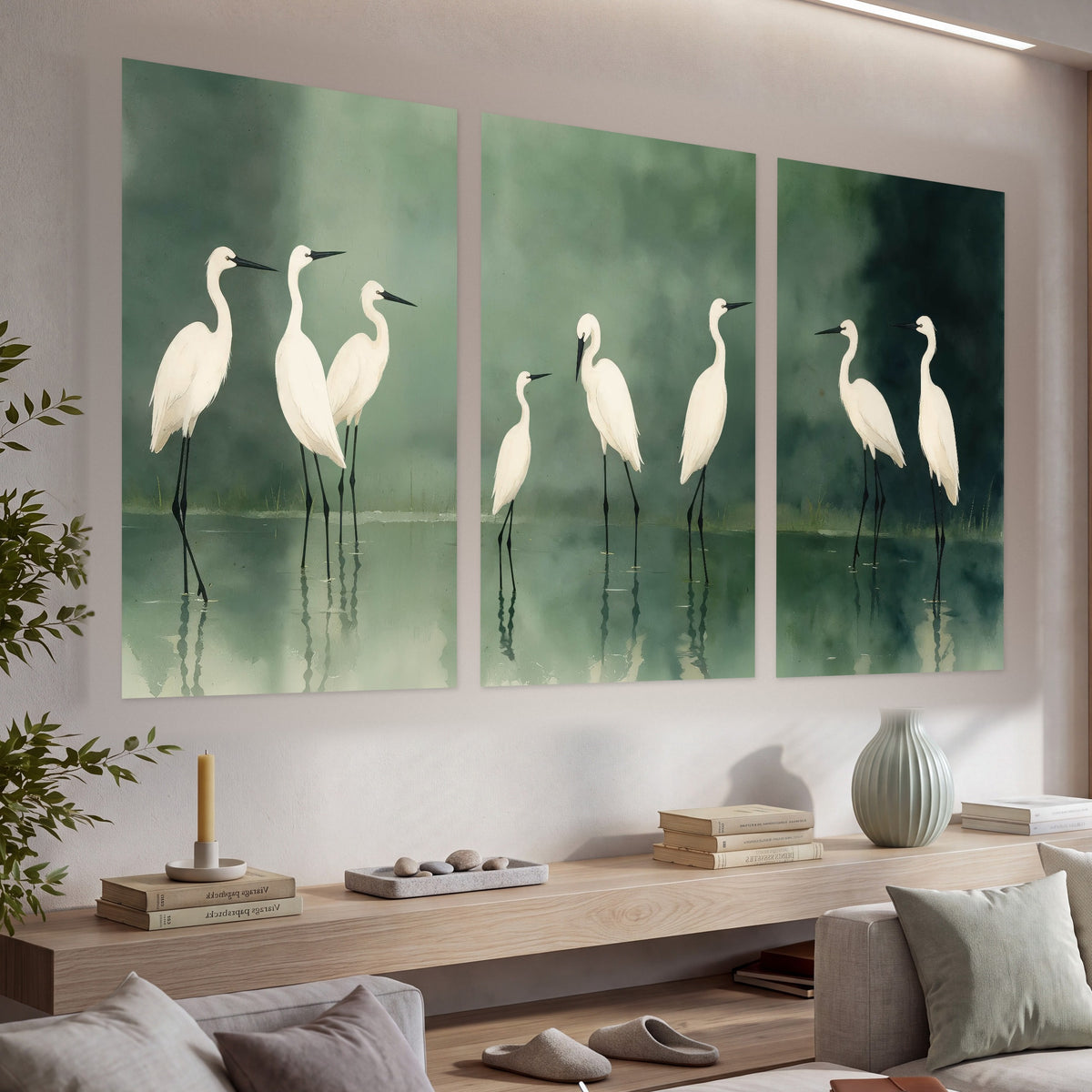 White egrets on green lake painting set of 3 poster prints in a living room above a console