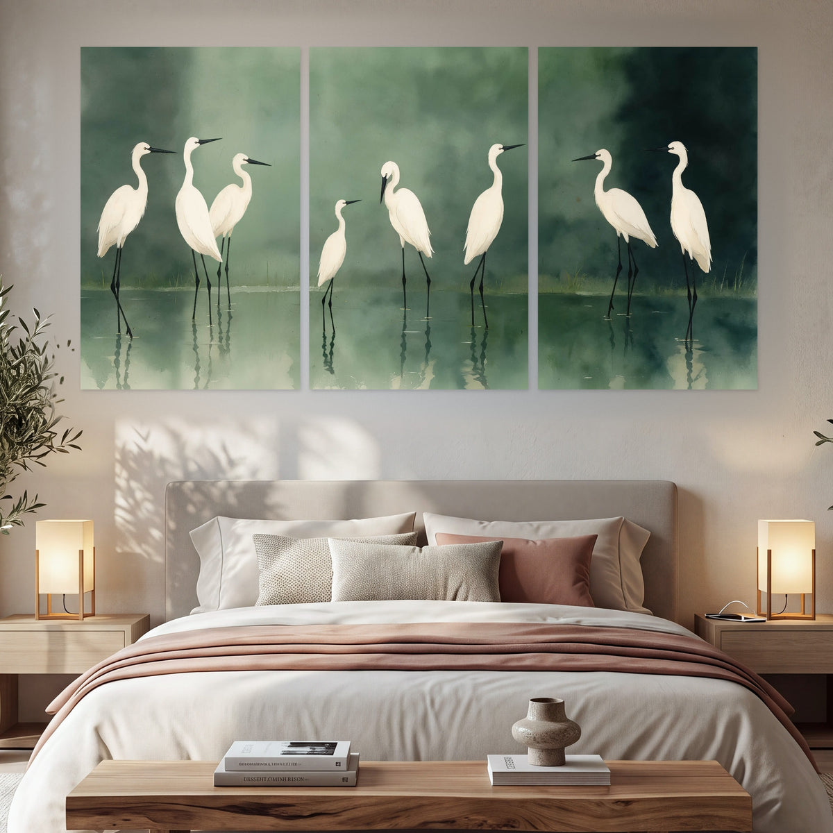 White egrets on green lake painting set of 3 poster prints in a bedroom above the bed