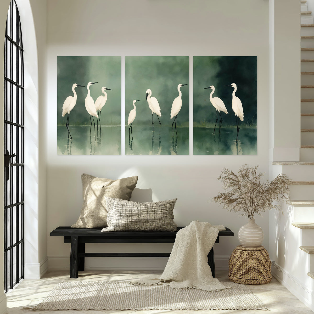 White egrets on green lake painting set of 3 poster prints in an entryway above a bench