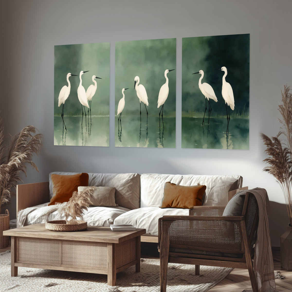 White egrets on green lake painting set of 3 poster prints in a rustic living room