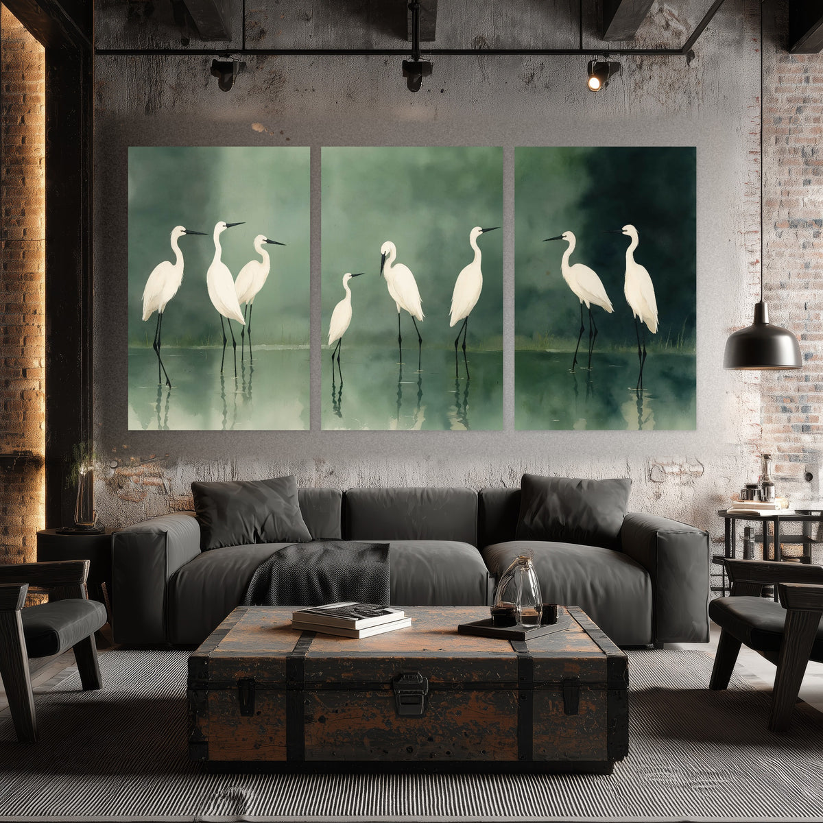 White egrets on green lake painting set of 3 poster prints in an industrial loft