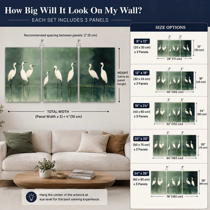 White egrets on green lake painting set of 3 poster prints size guide above a sofa
