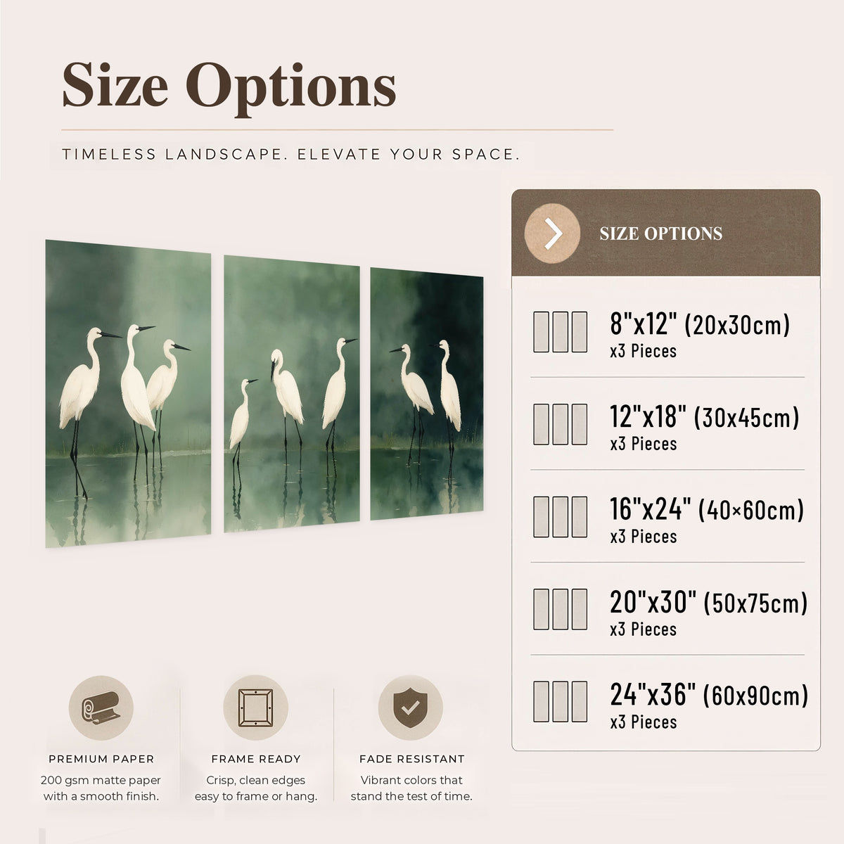 White egrets on green lake painting set of 3 poster prints size options