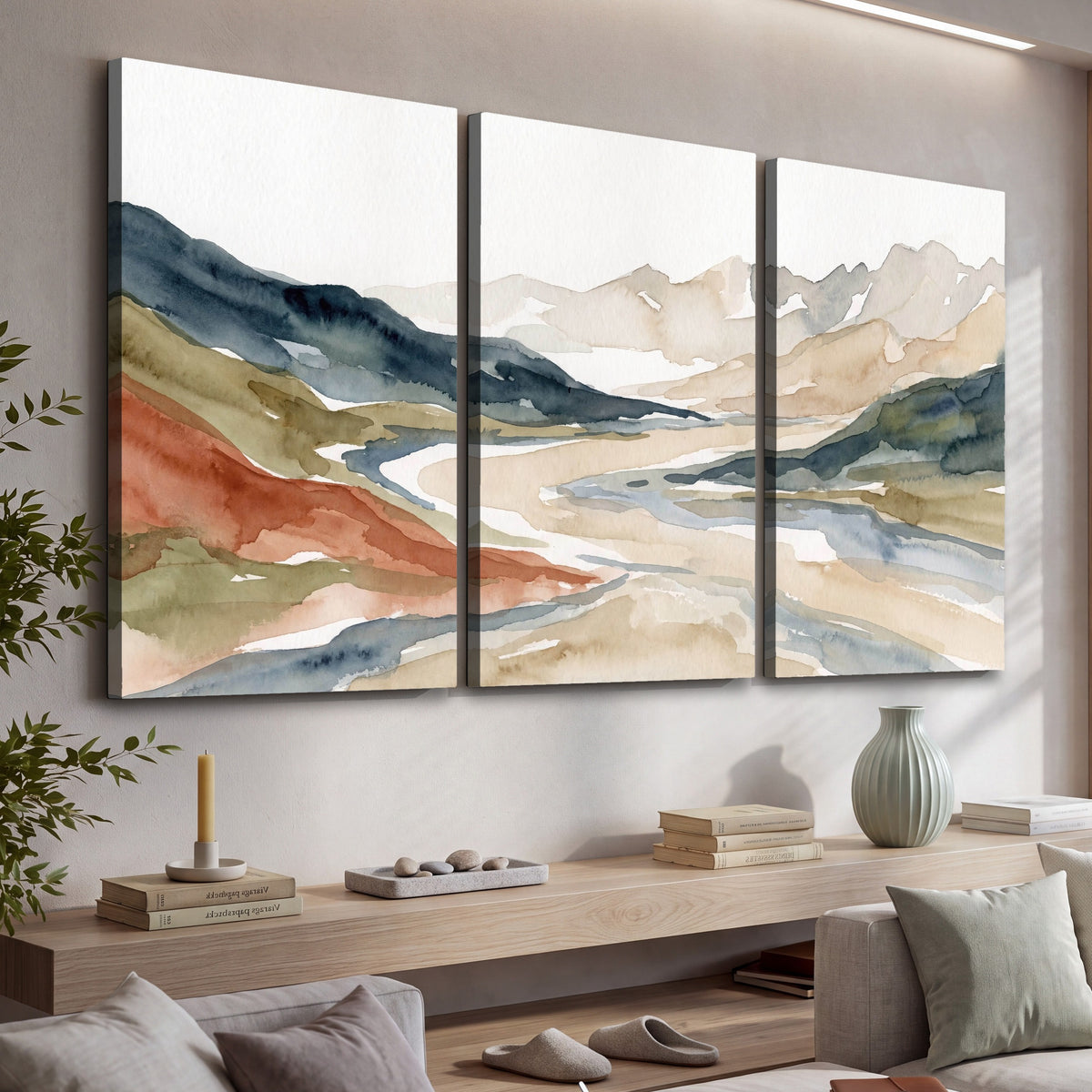 Watercolor mountain valley painting 3 piece canvas wall art in a living room above a console