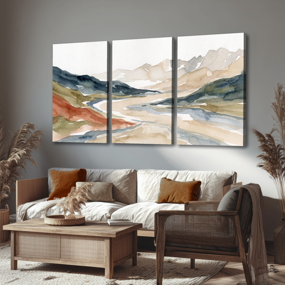 Watercolor mountain valley painting 3 piece canvas wall art in a rustic living room
