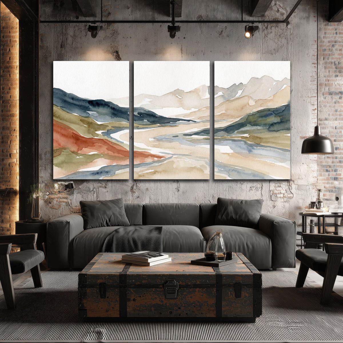 Watercolor mountain valley painting 3 piece canvas wall art in an industrial loft
