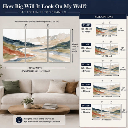 Watercolor mountain valley painting 3 piece canvas wall art size guide above a sofa