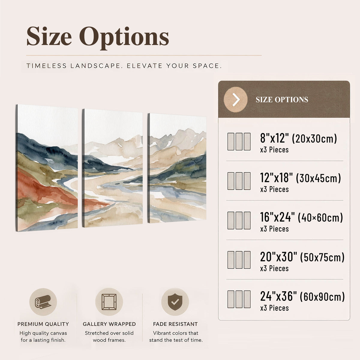 Watercolor mountain valley painting 3 piece canvas wall art size options