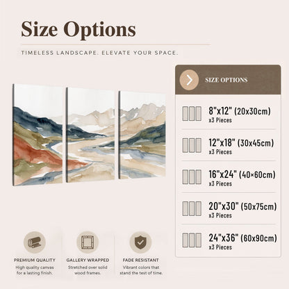 Watercolor mountain valley painting 3 piece canvas wall art size options