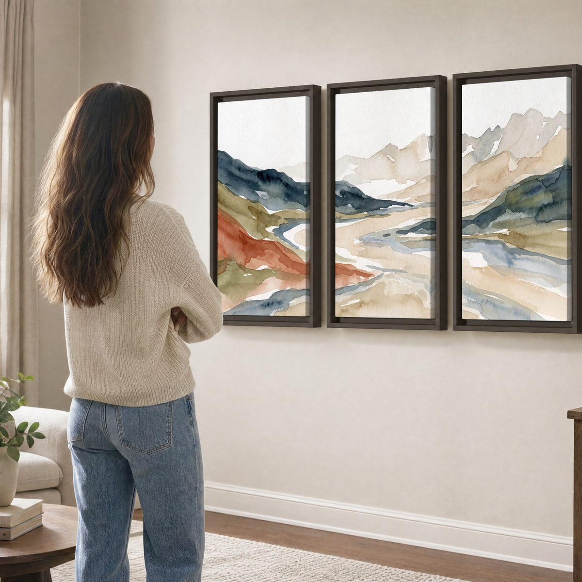 Watercolor mountain valley painting 3 piece framed canvas in a living room