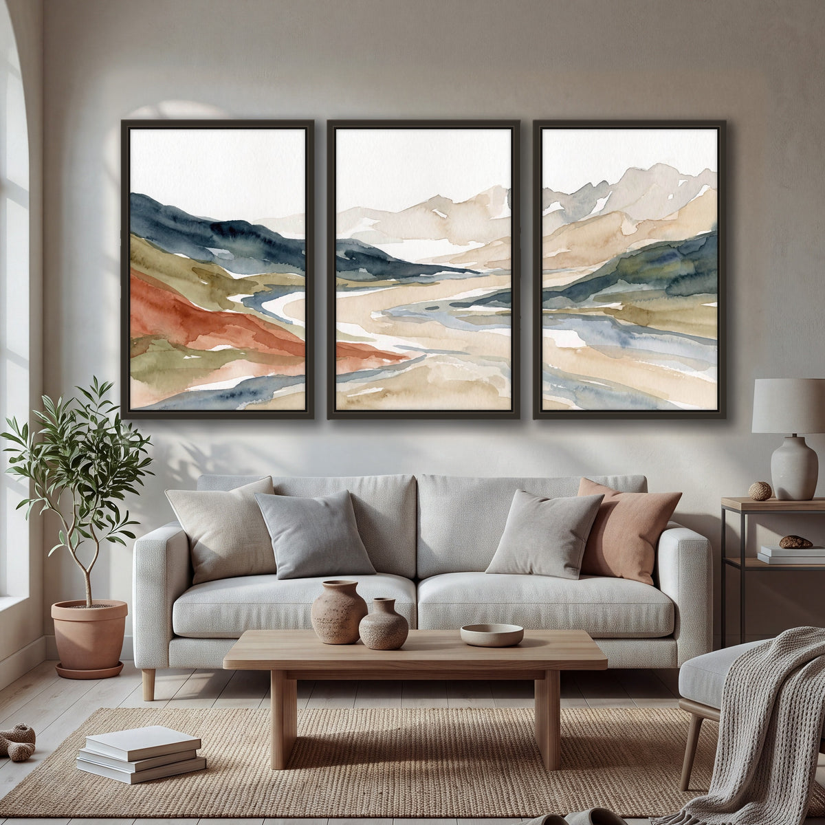 Watercolor mountain valley painting 3 piece framed canvas in a bright living room