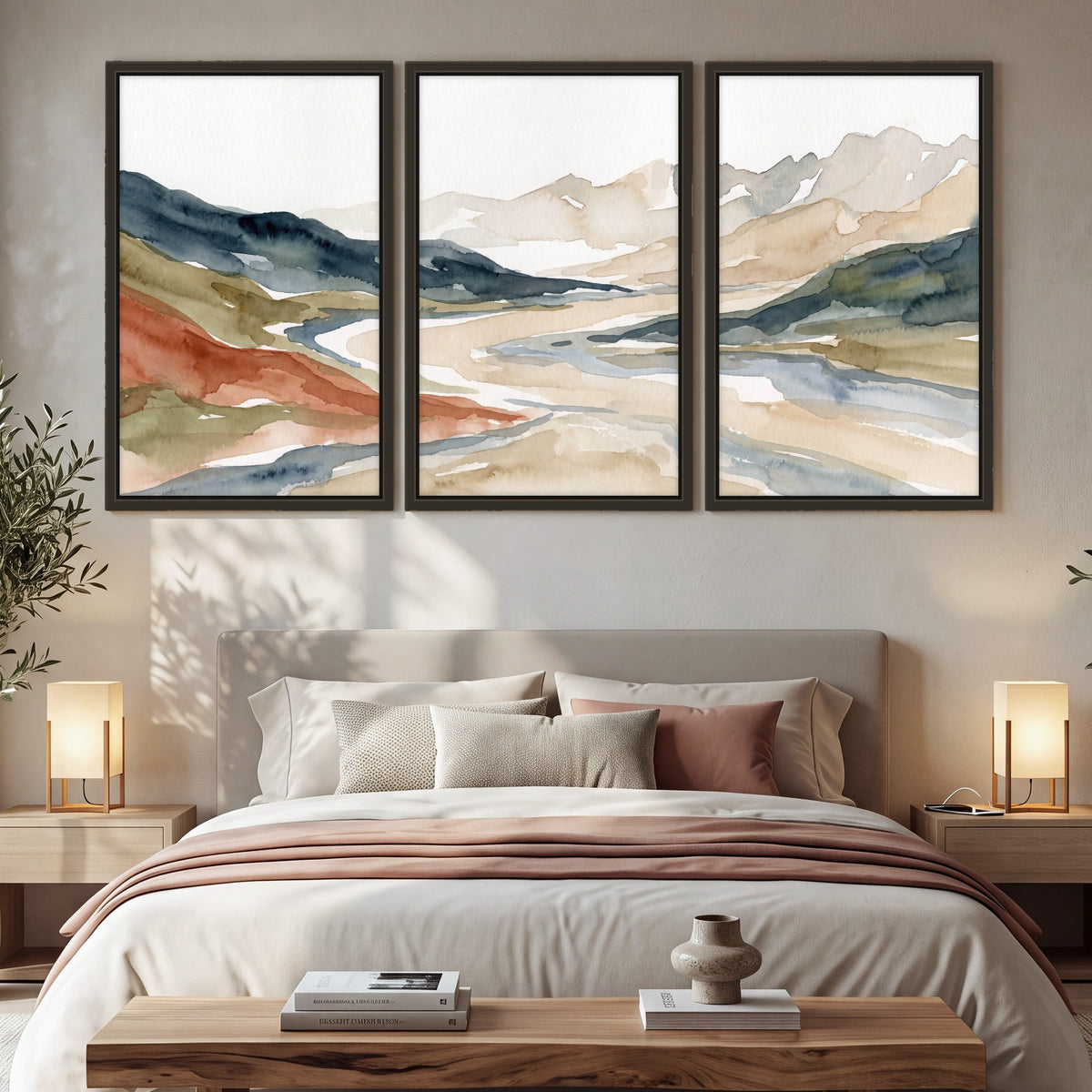Watercolor mountain valley painting 3 piece framed canvas in a bedroom above the bed