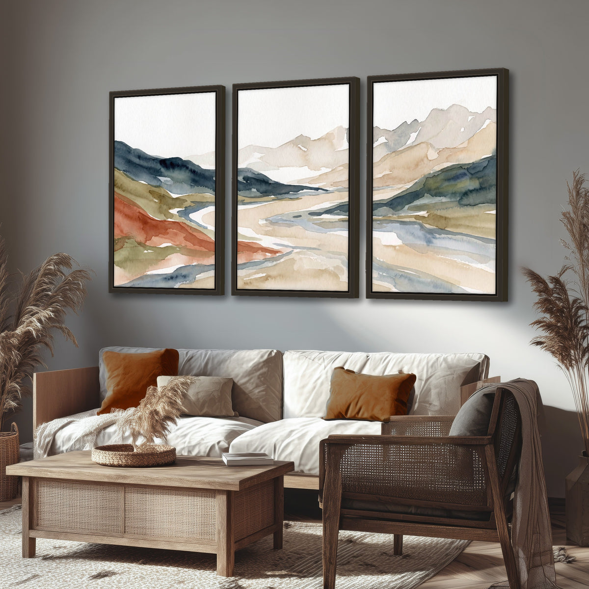Watercolor mountain valley painting 3 piece framed canvas in a rustic living room