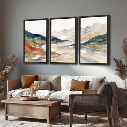 Watercolor mountain valley painting 3 piece framed canvas in a rustic living room